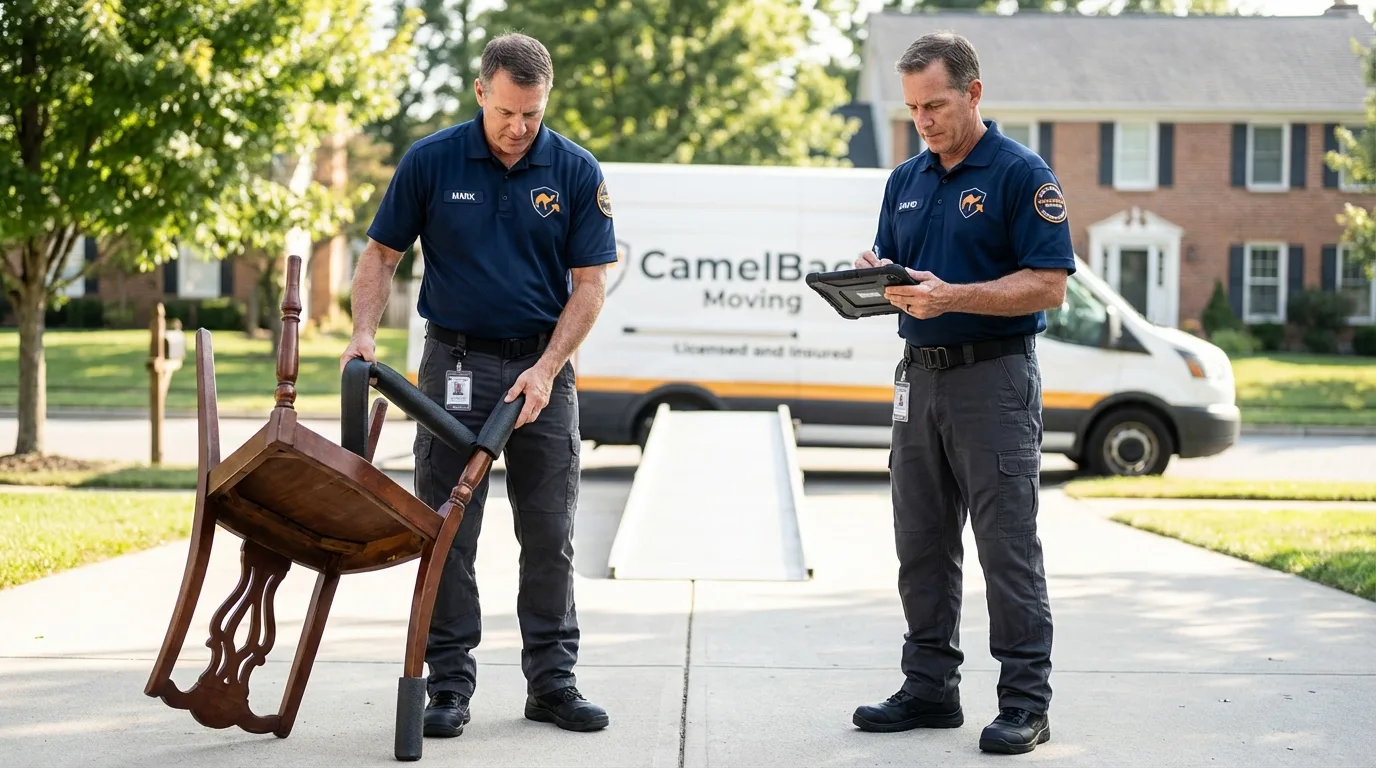 Movers inspecting furniture for damage prevention before loading in Walpole, MA