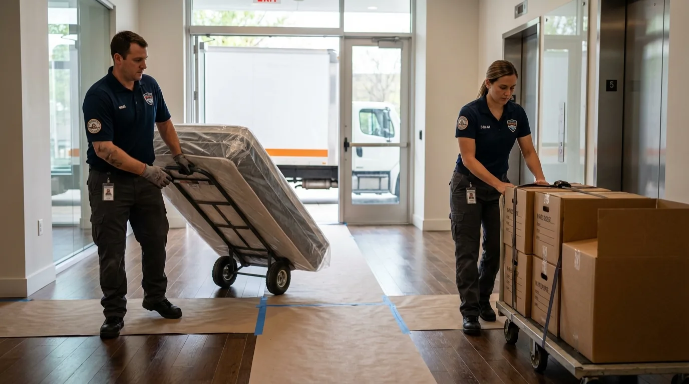 Professional apartment movers loading elevator in Walpole, MA